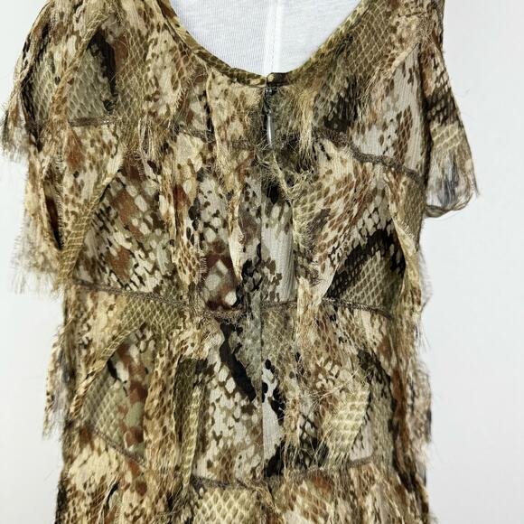 Worth | Petites Tan & Brown Snakeskin Reptile Tiered Frayed Silk Sheath Dress - Picture 7 of 8